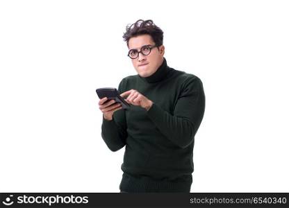 Nerd young man with calculator isolated on white
