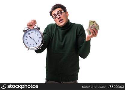 Nerd young man with clock and money isolated on white