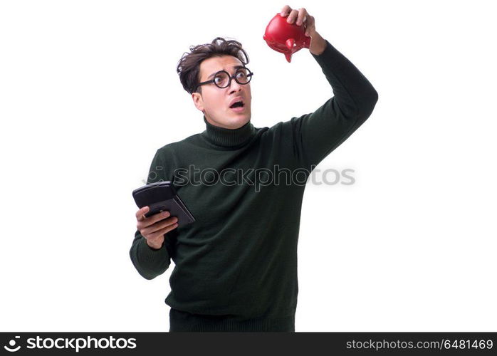 Nerd young man with piggybank isolated on white