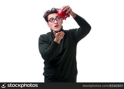 Nerd young man with piggybank isolated on white