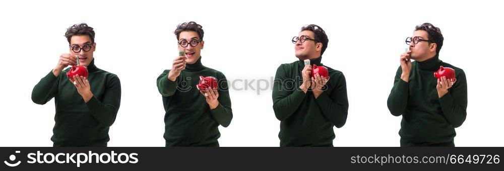 Nerd young man with piggybank isolated on white