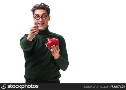 Nerd young man with piggybank isolated on white