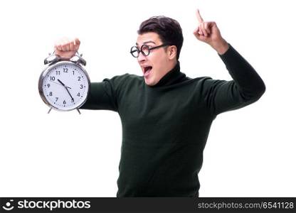 Nerd young money with giant clock isolated on white