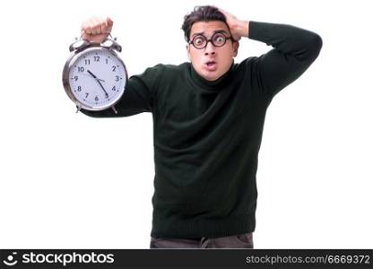 Nerd young money with giant clock isolated on white
