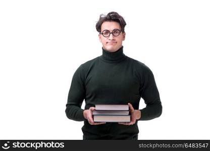 Nerd young student with books isolated on white