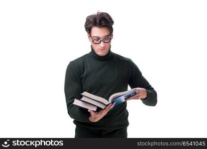 Nerd young student with books isolated on white