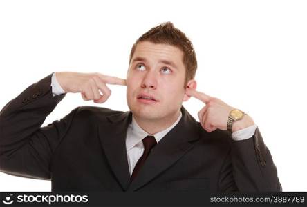 Nerdy business man guy covering his ears, funny expressions isolated on white background