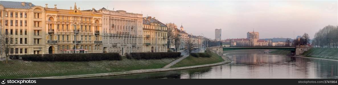 Neris river at Vilnius, panoramic view, spring season at a capital city. This photo is composed from 10 separate shots