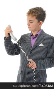 Nervous boy screaming on the phone. Isolated on white background