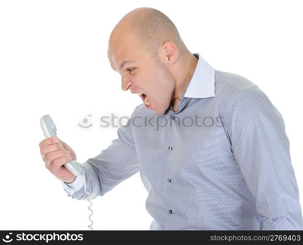 Nervous businessman screaming on the phone. Isolated on white background