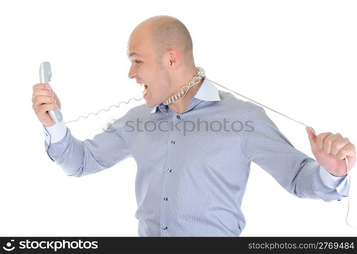 Nervous businessman screaming on the phone. Isolated on white background