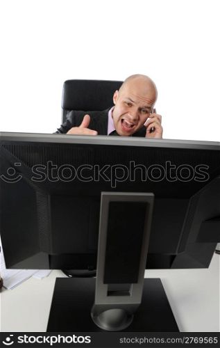 Nervous businessman talking on the phone.. Isolated on white background