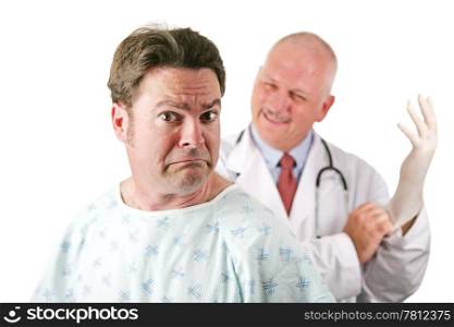 Nervous patient about to be examined by a doctor. Isolated on white.