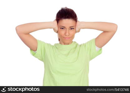 Nervous woman covering her ears isolated on a white background