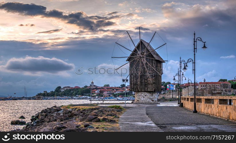 Nessebar, Bulgaria ? 07.10.2019. Old windmill on the way to the ancient city of Nessebar in Bulgaria. Old windmill in Nessebar, Bulgaria