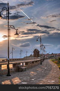 Nessebar, Bulgaria ? 07.10.2019. Road to the old town of Nessebar in Bulgaria, panoramic view on a sunny summer morning. The road to the old town of Nessebar in Bulgaria