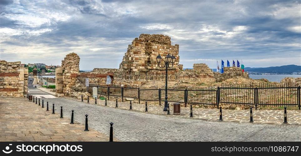 Nessebar, Bulgaria ? 07.10.2019. Ruins of ancient fortifications at the entrance to the Old Town of Nessebar, Bulgaria, on a cloudy summer morning. Entrance to the Old Town of Nessebar, Bulgaria
