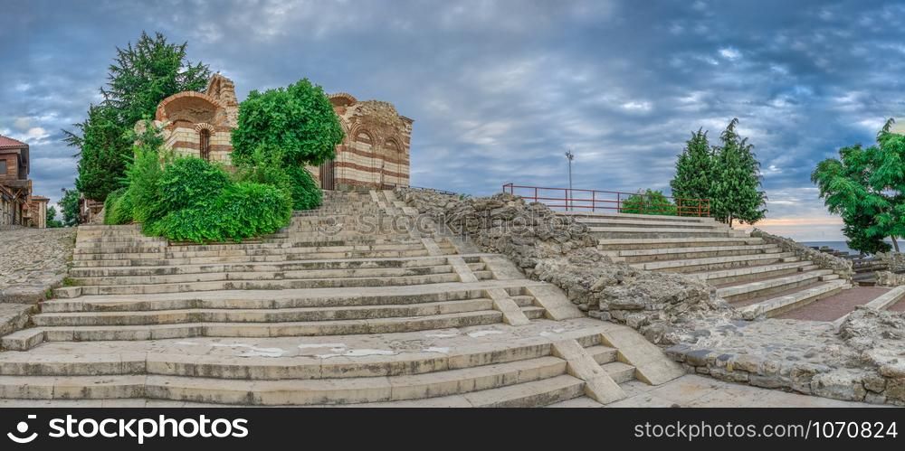 Nessebar, Bulgaria ? 07.10.2019. Ruins of Ancient theatre in the old town of Nessebar, Bulgaria, on a cloudy summer morning. Ancient theatre in Nessebar, Bulgaria