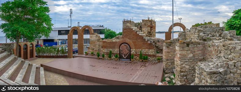 Nessebar, Bulgaria ? 07.10.2019. Ruins of Ancient theatre in the old town of Nessebar, Bulgaria, on a cloudy summer morning. Ancient theatre in Nessebar, Bulgaria