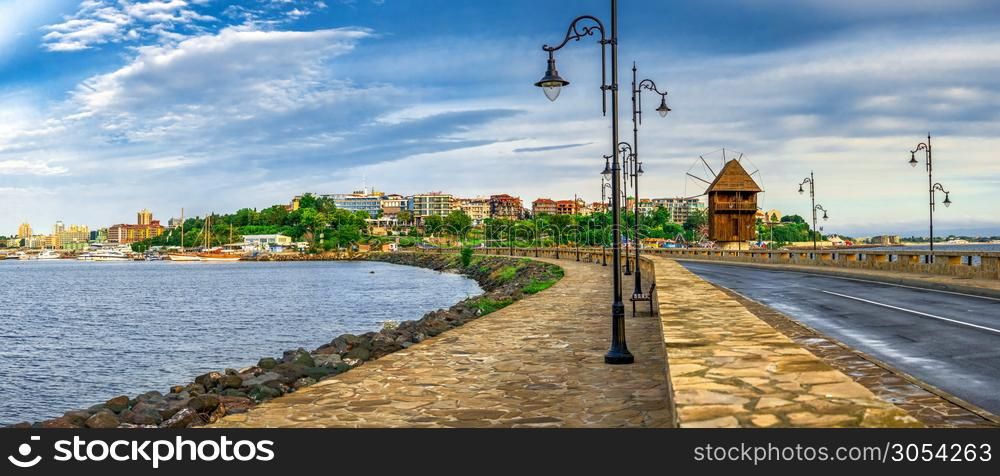 Nessebar, Bulgaria ? 07.11.2019. Road to the old town of Nessebar in Bulgaria, panoramic view on a sunny summer morning. The road to the old town of Nessebar in Bulgaria
