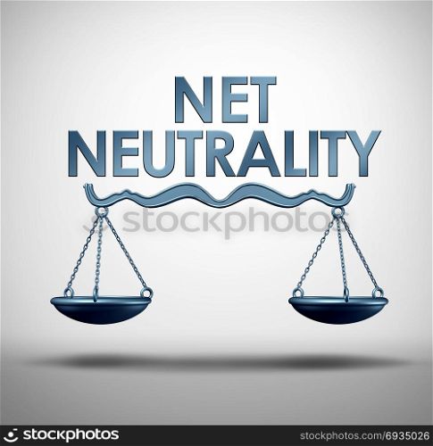 Net neutrality or open internet symbol as a justice scale with text as an online metaphor for standards in access to digital online content with 3D illustration.