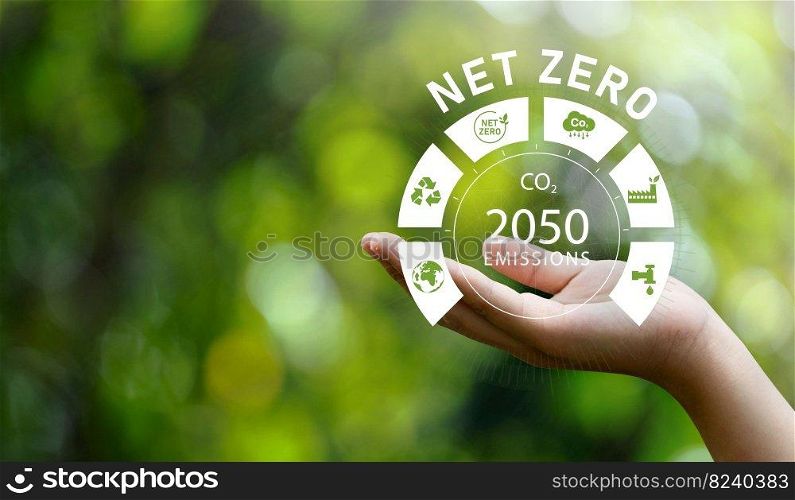 net zero 2050 emissions icon concept in hand for the environment policy animation concept illustration Green renewable energy technology for a clean future environment.