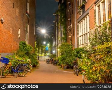 Netherlands. Summer night in Amsterdam. Lots of parked bikes in a small alley. Lots of green bushes and flowers. Night Narrow Street of Amsterdam and Many Bicycles