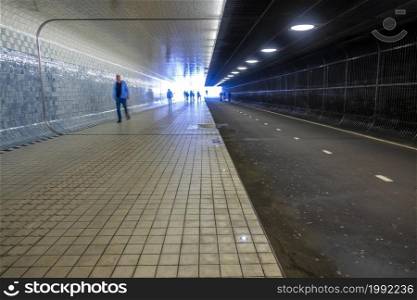 Netherlands. Tunnel under Amsterdam Central Station for pedestrians and cyclists. Tunnel for Pedestrians and Cyclists
