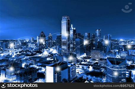Network and Connection Technology Concept of Skyscrapers, City o. Network and Connection Technology Concept of Skyscrapers, City of Dallas at night, Texas, USA. Network and Connection Technology Concept of Skyscrapers, City of Dallas at night, Texas, USA