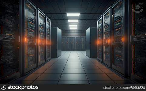 Network and internet communication technology in data center server room interior, Generative AI