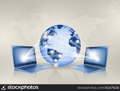 Network concept. Image of laptop with globe illustration at background