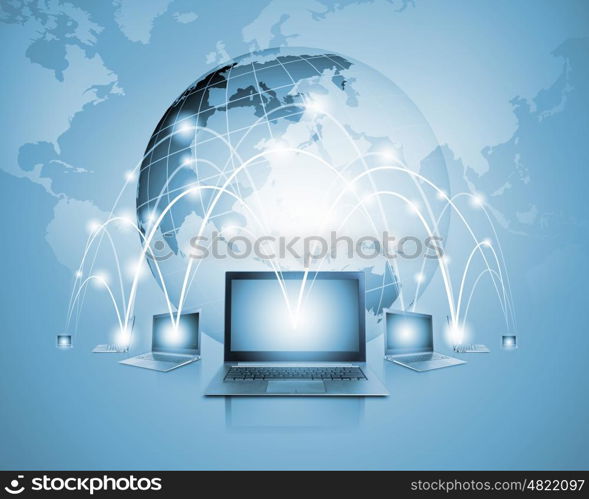 Network concept. Image of laptop with globe illustration at background