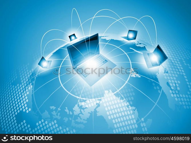 Network concept. Laptops against world map background. Connection and cooperation