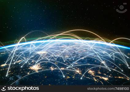 Network connected across planet Earth , view from space. Concept of smart wireless communication technology . Some elements of this image furnished by NASA