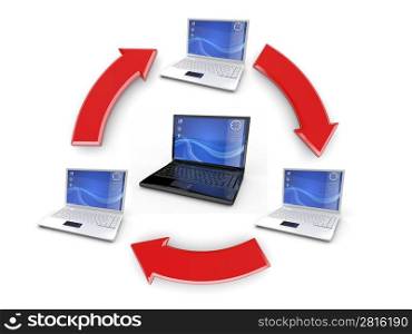 Network. Many laptop on white background. 3d