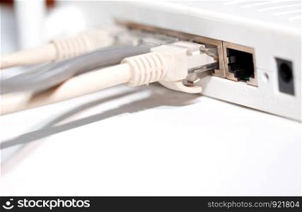 Network modem with cables. Close-up horizontal photo