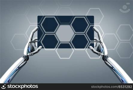 network, science and future technology concept - robot hands with tablet pc over gray background. robot hands with tablet pc over gray background. robot hands with tablet pc over gray background