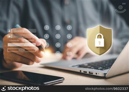 Network security and cybersecurity concept. Business professionals safeguard personal information with a shield. Encryption with a padlock icon on a virtual interface. Businessman touches the lock key