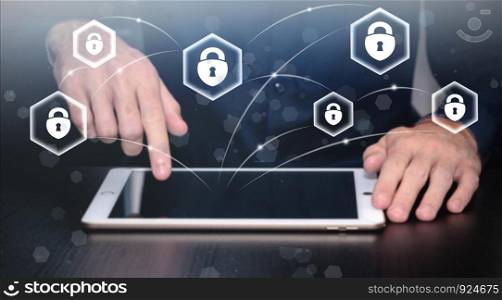 Network security icon with graphic diagram on mobile screen.