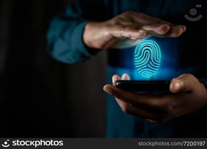 Network Security System Concept, Fingerprint inside the Protected Hand Guard. Protection of User Identity or Personal Information on the Internet via Mobile Phone