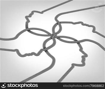 Network team business concept with a group of merging roads and highways shaped as a human head converging and coming together connected as a community partnership tat are crossing paths.