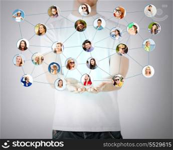networking and communication concept - closeup of mans hands showing social network