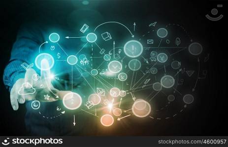 Networking concept. Businessman touching digital connection lines on touch screen