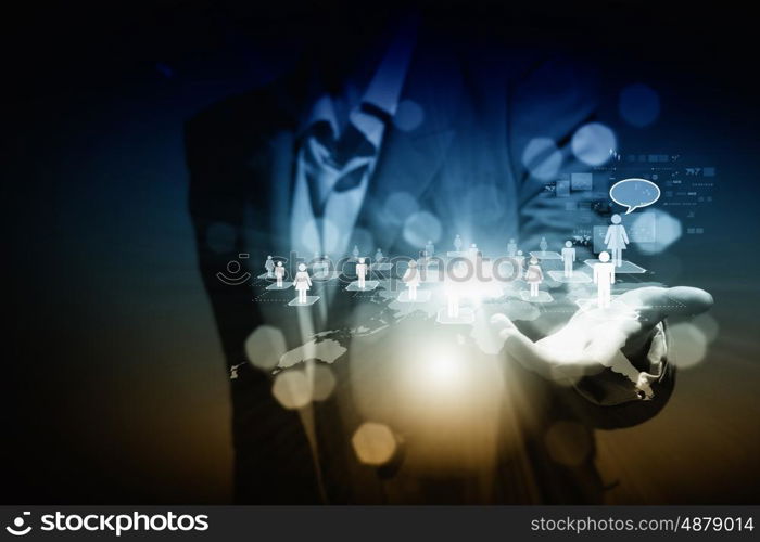 Networking concept. Close up of businessperson holding media icons in palm