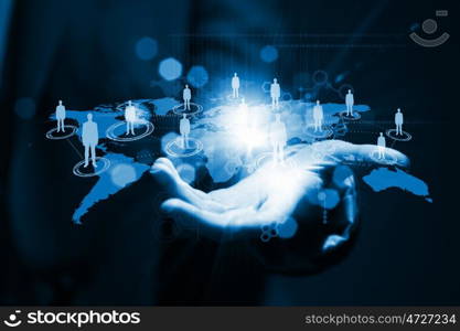 Networking concept. Close up of businessperson touching icon of media screen