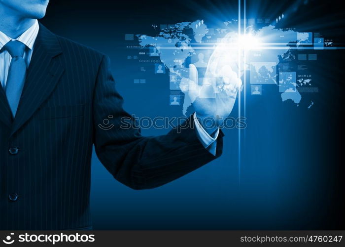 Networking concept. Close up of businessperson touching icon of media screen