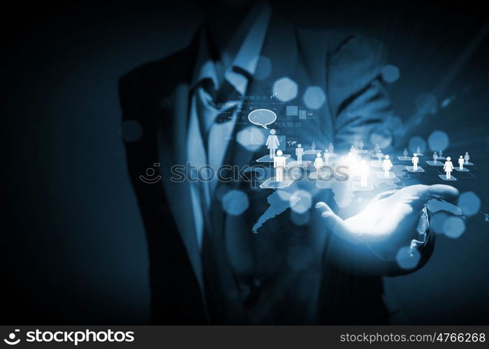 Networking concept. Close up of businessperson touching icon of media screen