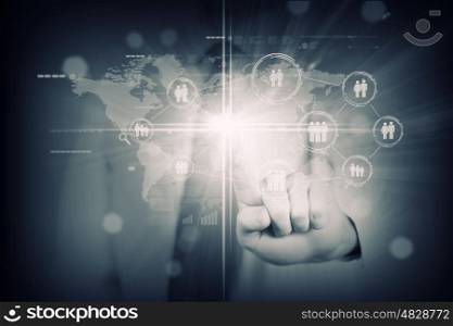 Networking concept. Close up of businessperson touching icon of media screen