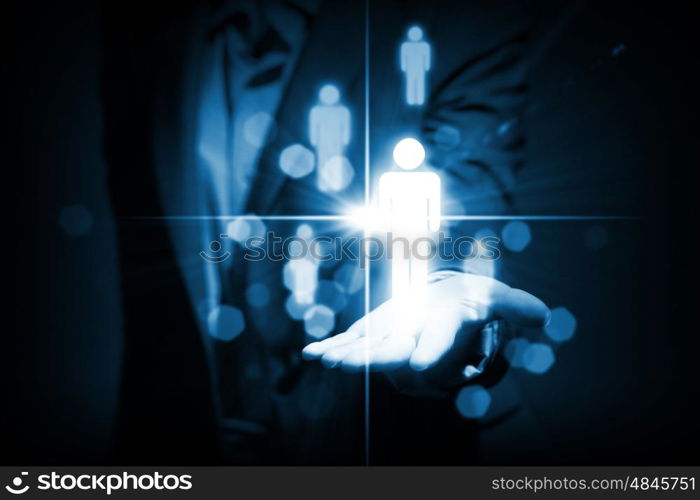 Networking concept. Close up of businessperson touching icon of media screen