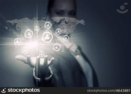 Networking concept. Close up of businesswoman holding media icons in palm